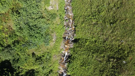 Aerial-view-of-water-flowing-through-green-forest,-scenic-mountain-forest-landscape,-green-trees-in-valley