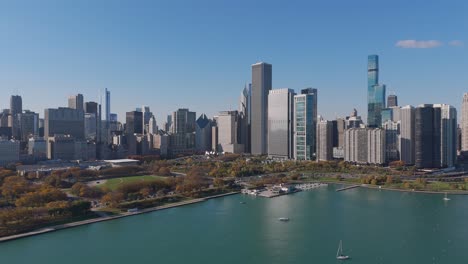 Aerial-establish-shot-view-of-Chicago-pier-harbour-and-modern-USA-city-buildings