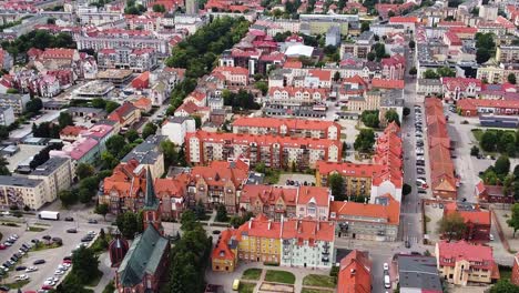 Colorful-cityscape-of-Elk-in-Poland,-aerial-drone-view