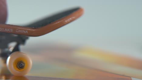 A-hyper-close-up-macro-detailed-shot-of-a-mini-skateboard,-tiny-white-wheels,-riding-fingerboard-from-right-to-left,-finger-slide,-professional-lighting,-dreamy-cinematic-4K-video