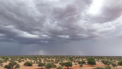 The-southern-Kalahari-landscape,-a-thunderstorm-with-lightning-arriving-in-the-distance