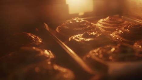 Bakers-dozen-of-cinnamon-rolls-baking-in-over,-filmed-as-handheld-close-up-shot