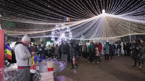 Menschen,-Die-Während-Des-Galati-Nationalfeiertags-In-Rumänien-Lässig-Im-Park-Mit-Festlichen-Lichtern-Spazieren-Gehen-–-Totale