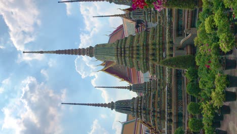 Vertical-footage-of-beautiful-stupa-and-unique-design-at-Wat-Pho-or-Wat-Phra-Chetuphon-and-also-called-Temple-of-the-Reclining-Buddha