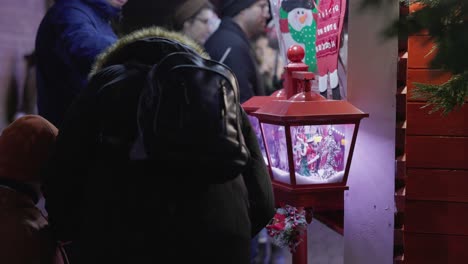 A-Child,-Accompanied-by-His-Mother,-Experiences-Joy-Upon-Seeing-a-Christmas-Hanging-Lamp-in-the-Park-During-the-Galati-National-Day-Celebration-in-Romania---Close-Up