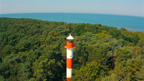 Aerial-view-of-drone-flying-above-the-lighthouse-in-Jastarnia,-Poland-with-baltic-sea-in-the-background