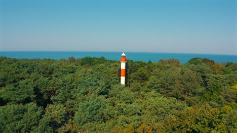 Panoramic-view-of-lighthouse-in-Jastarnia,-Poland-with-baltic-sea-in-the-background