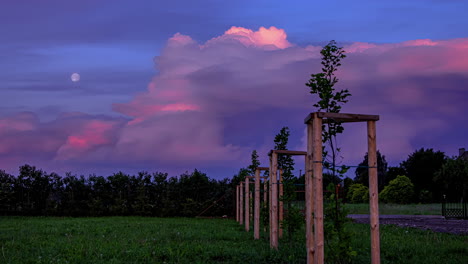 Timelapse-shot-of-white-cloud-moving-over-green-grassland-with-full-moon-rising-in-the-background-during-evening-time