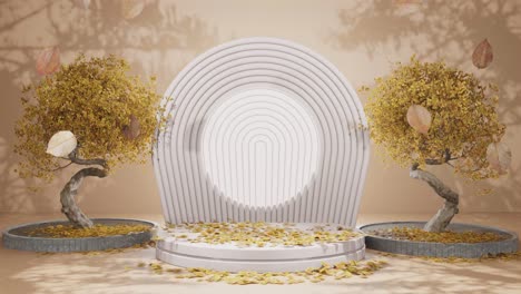 Autumnal-Serenity:-Sculptural-Trees-Amidst-Circular-White-Benches-yellow-background-podium-mockup-product