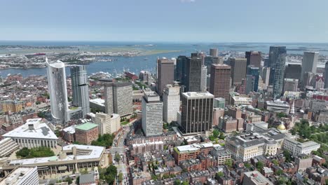 Aerial-shot-of-Boston's-downtown-sector-on-a-warm-sunny-day