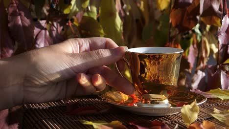 Woman-drinking-coffee-from-premium-golden-coffee-cup-in-autumn,-close-up