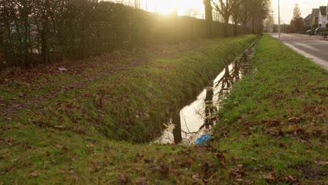Small-creek-in-a-Dutch-neighborhood-while-sun-is-flaring-from-the-background