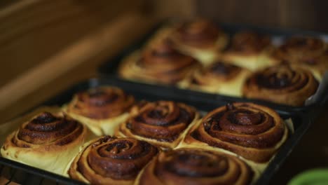 Freshly-baked-bakers-dozen-of-cinnamon-rolls-sitting-in-black-oven-tray-left-to-cool,-filmed-as-close-up-tilt-up-slow-motion-shot