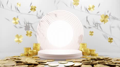 Blühender-Wohlstand:-Goldene-Münzen-Und-Kleeblätter-Umgeben-Ein-Weißes-Kreisförmiges-Display-Mit-Weißem-Hintergrund