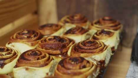 Freshly-baked-cinnamon-rolls-cooling-on-kitchen-top,-filmed-as-close-up-style-with-handheld-slider-style-movement-in-slow-motion