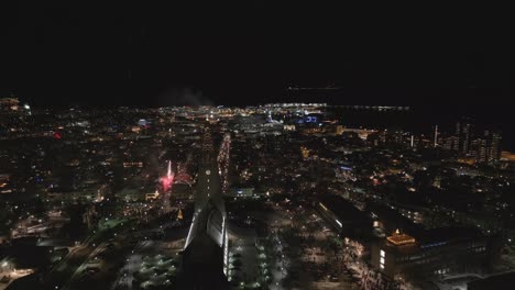 Aerial-view-of-Reykjavik-downtown-celebration-of-New-Year's-eve,-midnight-in-the-capital-of-Iceland