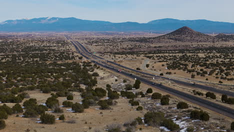 Santa-Fe,-New-Mexico-in-the-distance-on-I-25