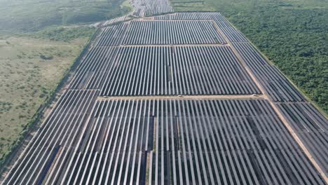 Aerial-overview-of-a-big-solar-farm,-sunny-day-in-La-Romana,-Dominican-Republic