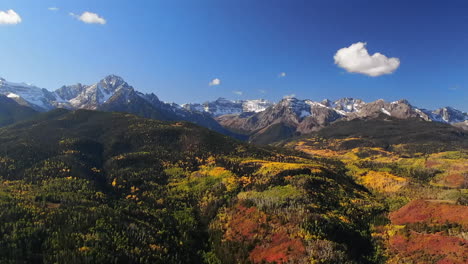 Mount-Sniffels-Dallas-Range-Colorado-aerial-cinematic-drone-sunny-morning-autumn-fall-colors-San-Juans-Ridgway-Ralph-Lauren-Ranch-14er-Million-Dollar-Highway-Rocky-Mountains-backward-reveal-motion