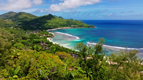 Mahè-Tropical-exotic-island:-Camera-moving-through-vegetation-unveiling-the-coastline