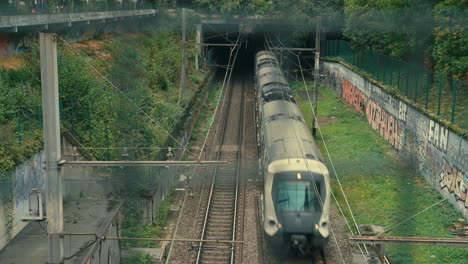 4K-Slow-Motion-Shot-of-RER-Train-Approaching-Suburban-Railway,-Vincennes-France