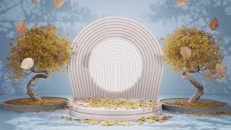 Autumnal-Serenity:-Sculptural-Trees-Amidst-Circular-White-Benches-blue-background-podium-mockup-product