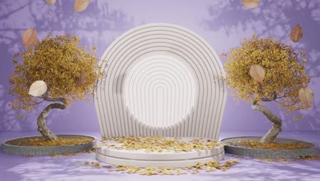 Autumnal-Serenity:-Sculptural-Trees-Amidst-Circular-White-Benches-purple-background-podium-mockup-product
