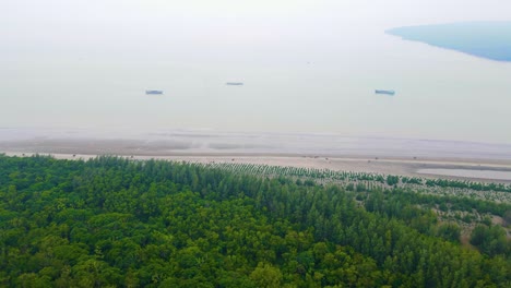 Costa-De-Los-Bosques-De-Sundarbans-Con-Un-Buque-De-Carga-Navegando-Por-El-Mar-A-Través-De-La-Bahía-De-Bengala-En-Bangladesh