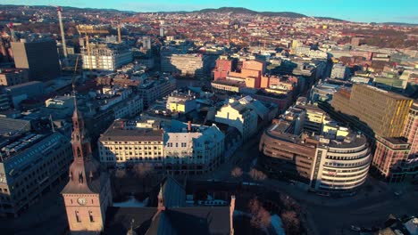 Oslo-Aerial-drone-at-Oslo-domkirke-cathedral-church-during-sunset