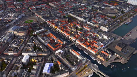 High-aerial-shot-over-Nyhavn-in-the-sunlight