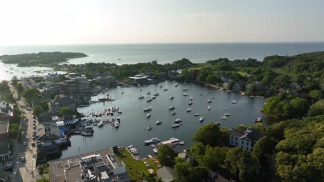 Aerial-shot-of-boats-safely-moored-in-Cape-Cod's-Eel-Pond