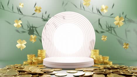 Blühender-Wohlstand:-Goldene-Münzen-Und-Kleeblätter-Umgeben-Ein-Weißes,-Kreisförmiges,-Grünes-Hintergrundmodell