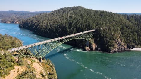 Aerial-orbiting-shot-of-Deception-Pass-in-Washington-connecting-2-islands