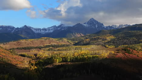 Colorful-Colorado-Mount-Sniffels-Wilderness-Million-Dollar-Highway-Dallas-Range-aerial-cinematic-drone-sunny-stunning-autumn-fall-colors-San-Juans-Ridgway-Ralph-Lauren-Ranch-14er-dramatic-upward-slow