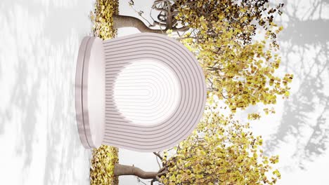 Herbstliche-Gelassenheit:-Skulpturale-Bäume-Inmitten-Runder-Weißer-Bänke,-Podiumsmodell-Mit-Weißem-Hintergrund
