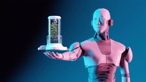 Futuristischer-Roboter,-Der-Biotechnologisch-Hergestellte-Pflanzenproben-Präsentiert