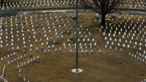 Aufsteigende-Drohnenaufnahme-Eines-Großen-Amerikanischen-Militärfriedhofs-In-Fayetteville-Mit-Amerikanischer-Flagge-Am-Fahnenmast-–-Aufnahme-Einer-Drohne