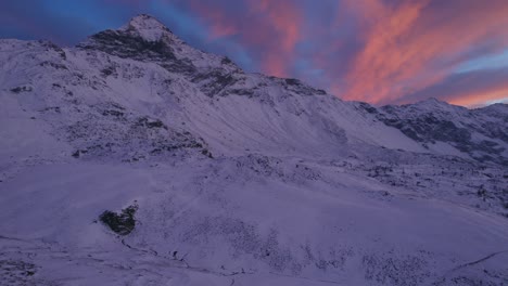 Stunning-sunset-panorama-of-snowy-mountains-at-sunset,-Campagneda,-Italian-Alps