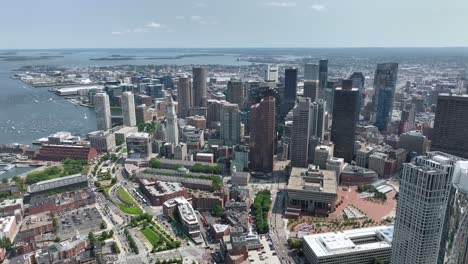Drone-shot-of-downtown-Boston,-Massachusetts-on-a-sunny-day