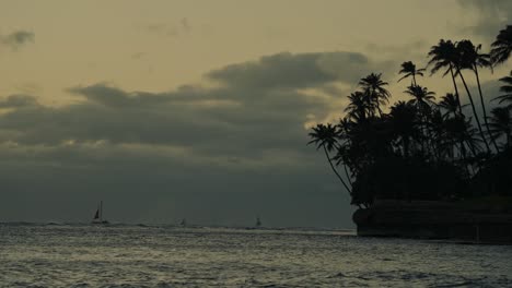 Die-Silhouette-Von-Palmen-Säumt-Das-Ufer-In-Dieser-Aufnahme-Kurz-Nach-Sonnenuntergang-In-O&#39;Ahu,-Hawaii