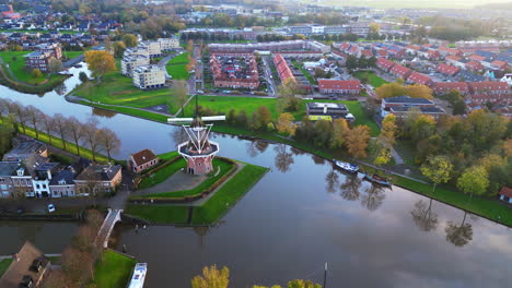 Aerial-view:-Windmill-at-Dokkum,-Friesland,-The-Netherlands