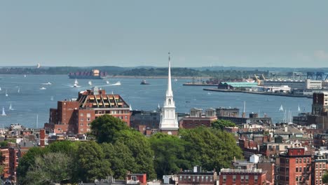 Aerial-shot-of-the-Old-North-Church-in-Massachusetts,-the-starting-point-of-Paul-Revere's-historic-ride