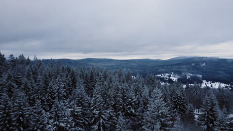 Luftflug-Mit-Verschneiter-Winterlandschaft-In-Bayern-Und-Dorf-An-Bewölkten-Tagen