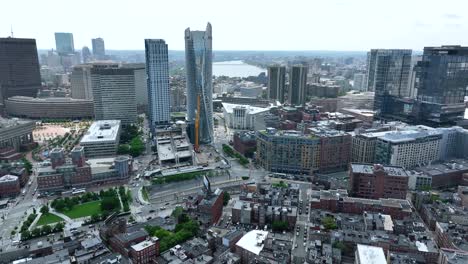 Drone-shot-of-Boston's-downtown-area-with-skyscrapers-spread-on-the-horizon
