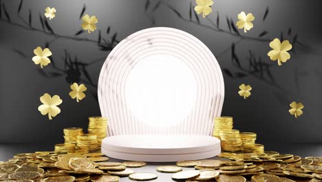 Blühender-Wohlstand:-Goldene-Münzen-Und-Kleeblätter-Umgeben-Ein-Weißes-Kreisförmiges-Display-Mit-Schwarzem-Hintergrund