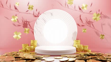 Prosperity-in-Bloom:-Golden-Coins-and-Clover-Leaves-Surrounding-a-White-Circular-Display-red-background-mockup