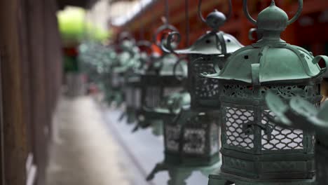 Close-Up-Shot-Of-Vintage-Hanging-Lanterns-At-Kasuga-Taisha-In-Nara,-Japan