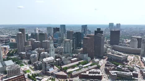 Wide-drone-shot-of-Boston's-skyscraper-skyline-on-a-nice-day