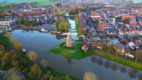 Aerial-view:-City-of-Dokkum-with-the-windmill-in-the-center-of-the-town