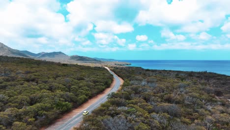 Die-Drohne-Folgt-Einem-Gelben-Auto,-Das-Auf-Einer-Kleinen-Straße-In-Der-Nähe-Des-Ozeans-Durch-Die-Natur-Fährt,-In-Curacao-Luftaufnahmen-In-4K